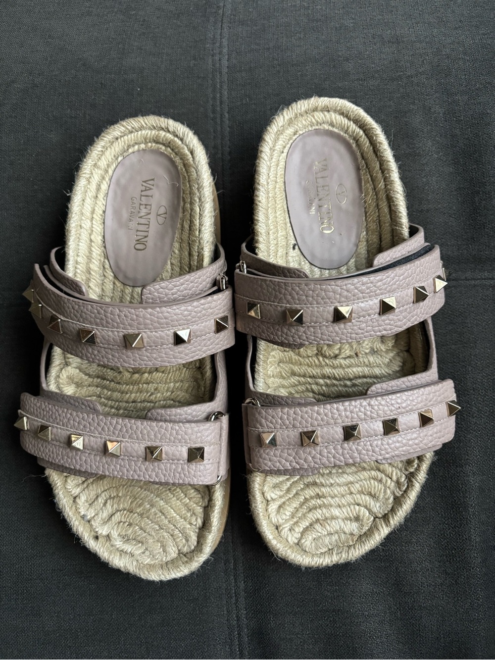 Valentino Pink-Taupe Studded Leather Slide Sandals